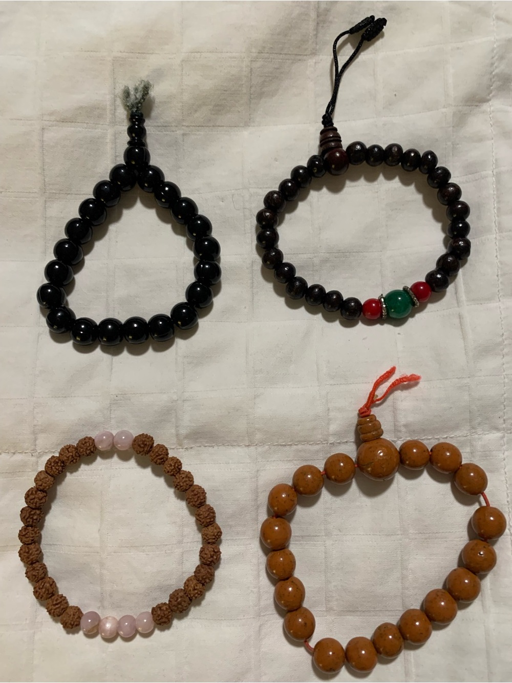 Stackable Beaded Bracelet Set of 4 — Black, Dark Brown, Rudraksha, Honey Brown